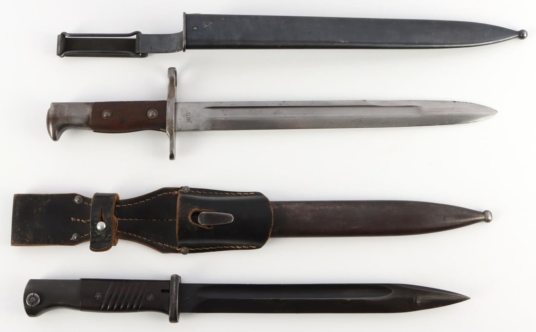 WWII GERMAN K98 & U.S.1903 SPRINGFIELD BAYONET LOT: Both near excellent condition, the K98 does not match, it is Waffenampt stamped at pommel and dated 41 on blade and 43 on frog, the Krag is stamped U.S. 1903 on blade scabbard is unmarked.