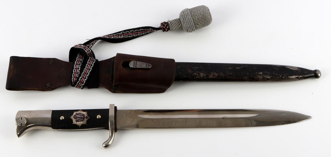 WWII GERMAN REICH KLAAS RLB WALKING OUT BAYONET: Robert Klaas Solingen maker's mark on blade ricasso. Blade in good condition, as is grip and pommel. "RLB" design on grip. With scabbard, leather frog and portapee.