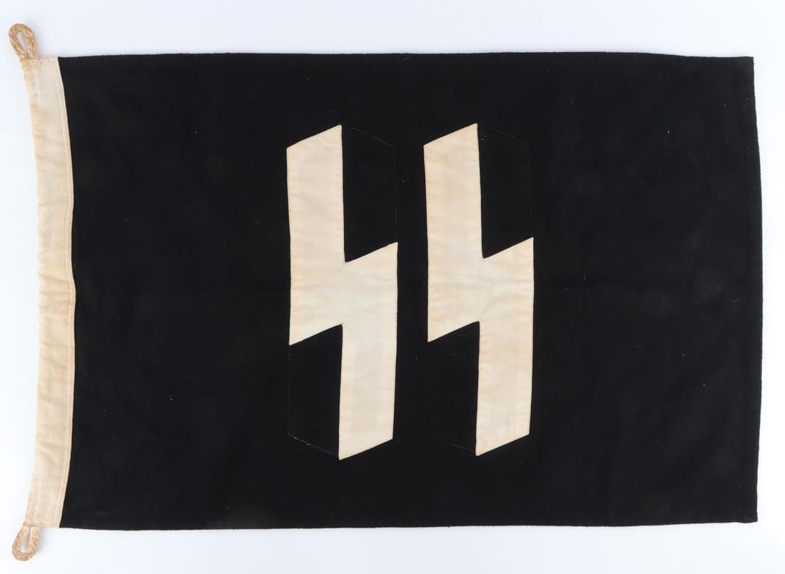 WWII GERMAN THIRD REICH SS BANNER: SS banner. Wool construction. Double sided. Marked Lager H. 50 X 75 and Kurt Brautigam. Planen I. Vog. Very good condition.