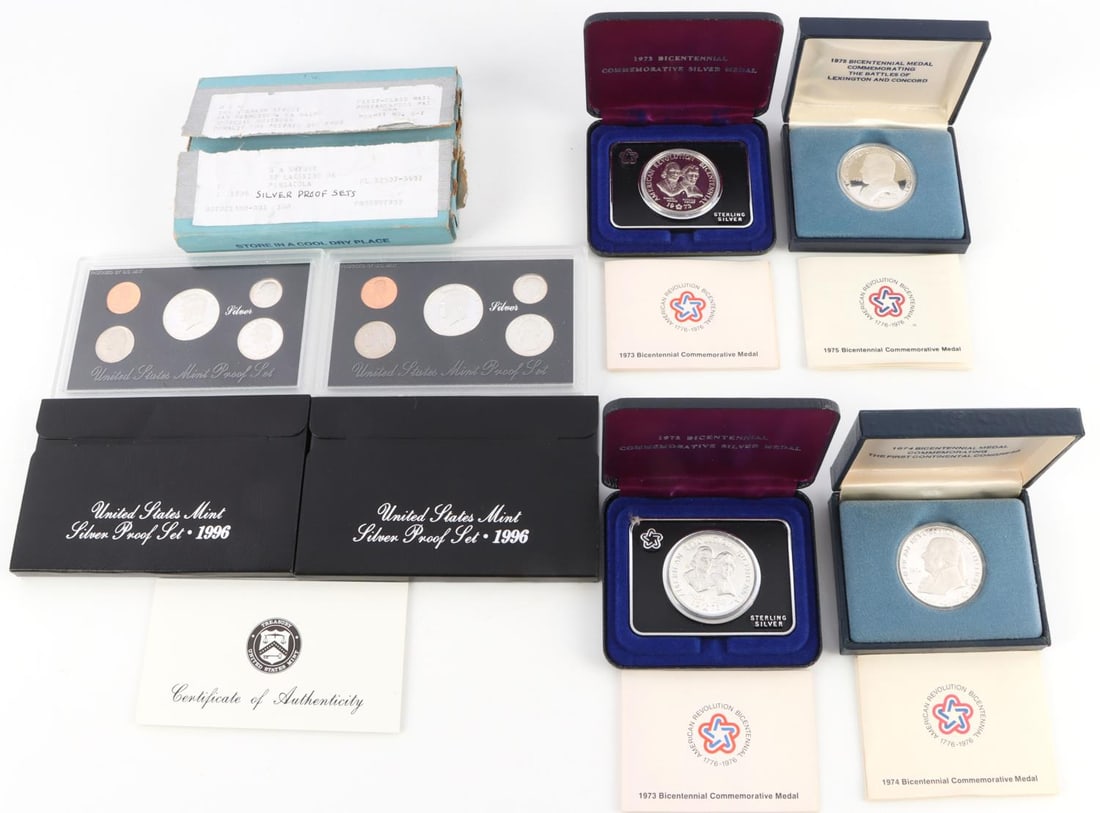 2 1996 SILVER PROOF SETS 4 STERLING 1976 MEDALS: 4 Bicentennial medals in sterling as issued by the mint, and 2 1996 silver Silver proof sets, as issued in original mint mailer.