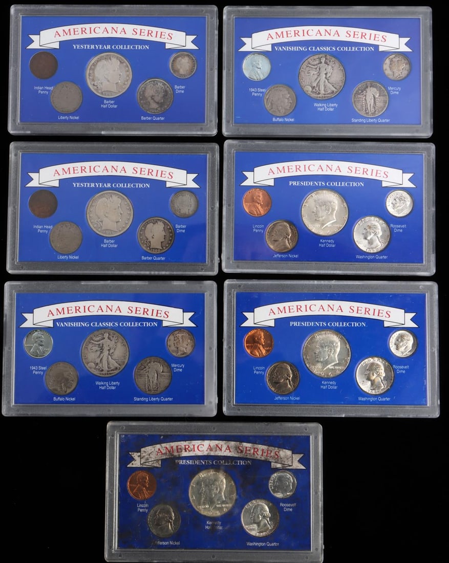 7 AMERICANA COIN SET LOT BARBER WALKER KENNEDY: Includes 2 Barber sets, 2 Walking Liberty sets, and 3 Kennedy sets.