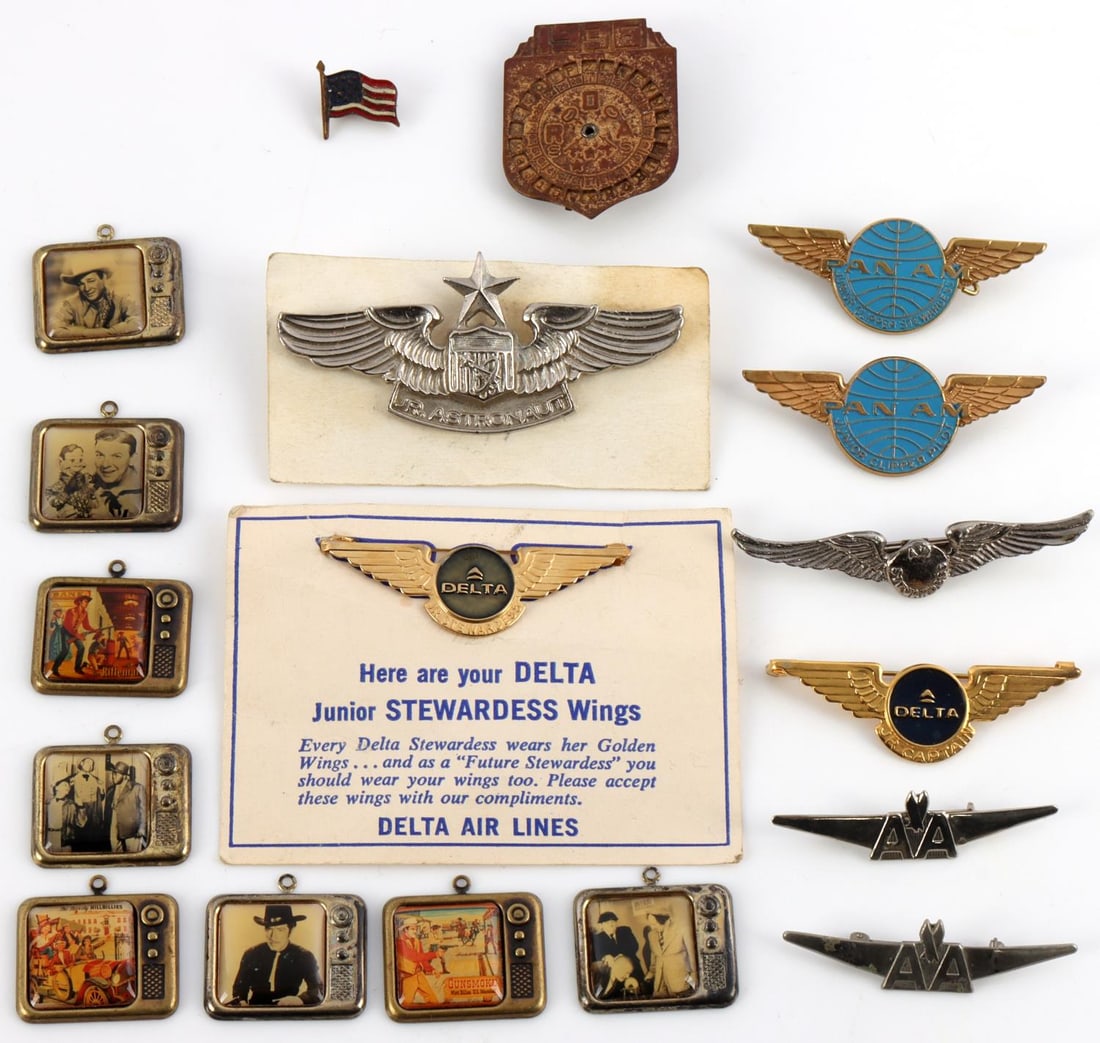 JR. JUNIOR ASTRONAUT PILOT STEWARDESS WING LOT: Multiple airlines including Delta with paper, the Junior Astronaut has clutchback, and other pieces as shown.