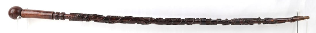 ANTIQUE AMERICAN FOLK ART CANE WALKING STICK: Measures 39 inches, animals, banjo picker, snakes, very busy but unique.