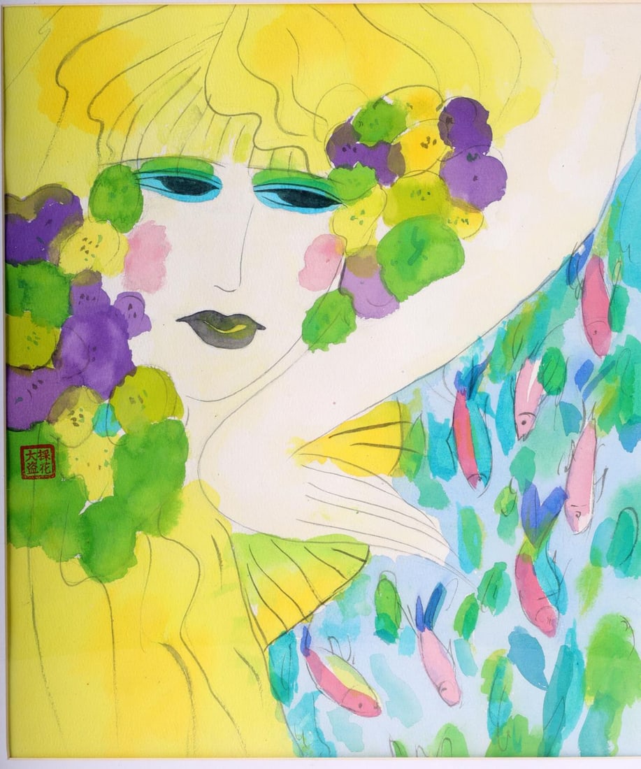 WALASSE TING FEMALE WATERCOLOR ON PAPER: Watercolor on paper with stamp in the style of Walasse Ting (1929 ? 2010) Chinese American visual artist and poet. Condition: very good. Dimensions: framed approx 17x22 inches. Art represented "as is"