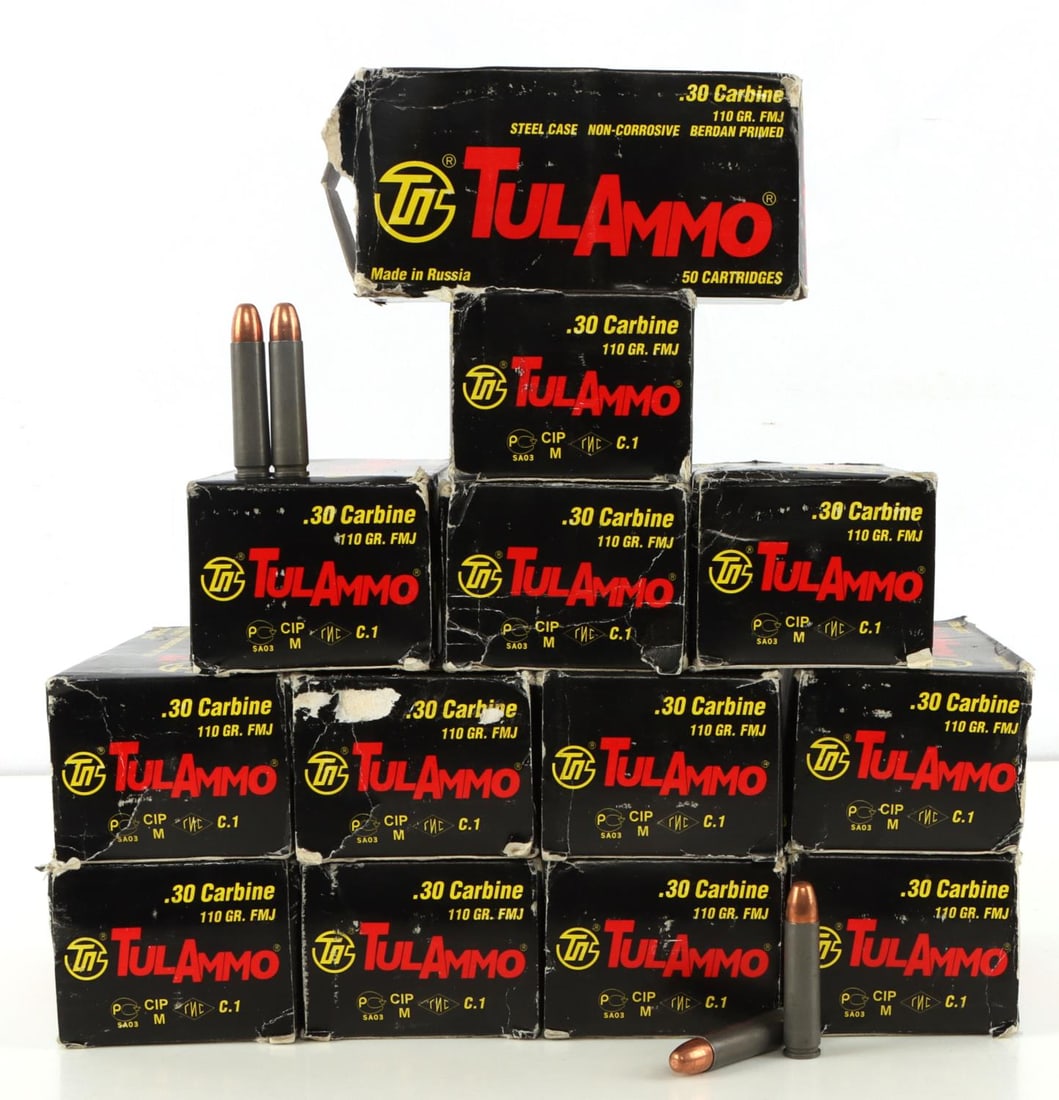 TUL AMMUNITION .30 CARBINE 110 GR FMJ LOT 650 RDS: Tul ammunition .30 carbine 110 grain FMJ. 13 boxes @ 50 per box. Total of 650 rounds. No international shipping.