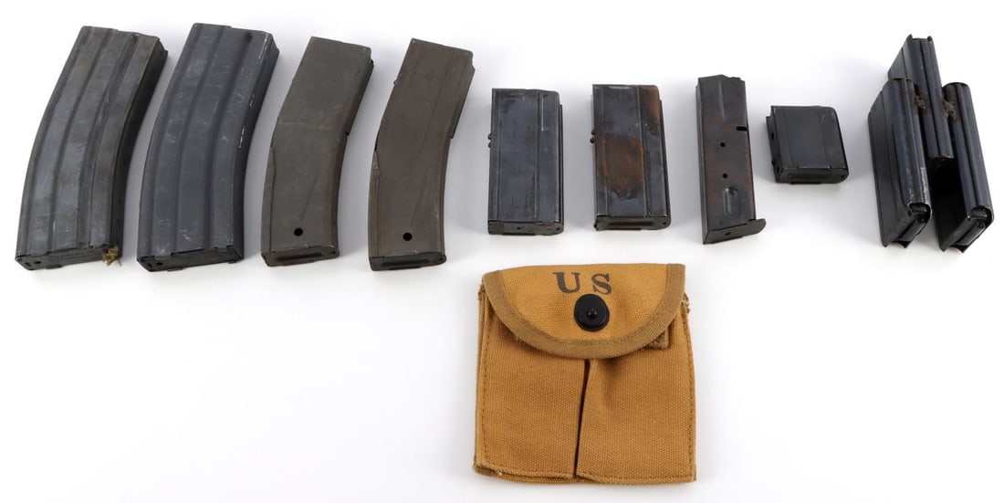 10 M1 CARBINE 10 & 30 ROUND MAGAZINE LOT: Also a WWII magazine pouch, a couple have a few rounds in them, all very good original condition.