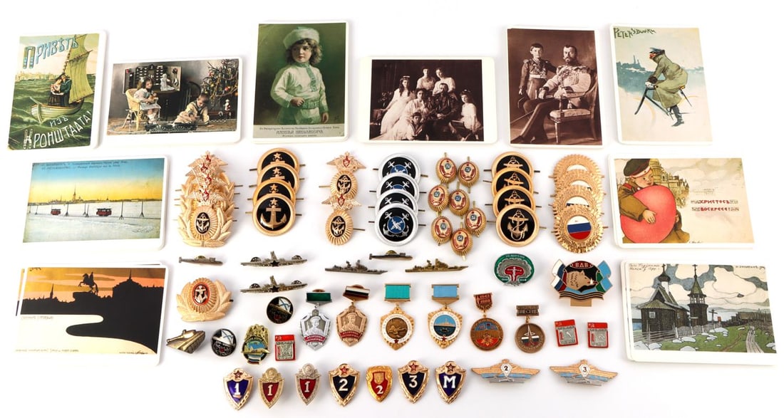 LOT SOVIET MILITARY BADGES & HAT PINS & POST CARDS: Large Lot of 60 Soviet Russian Military Badges & Hat Pins, includes (30) Russian Military badges, multiple designs, screw-back and safety pin backs, all measure between 2 and 3 inches. (30) Russian Ha