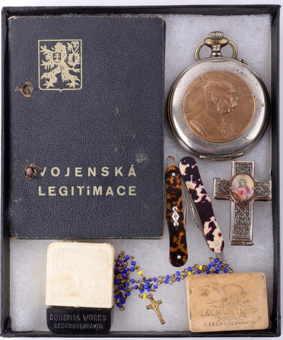 CZECHOSLOVAKIA WWI VETERAN WATCH ID ROSARY KNIFE: WWI Service medal attached to working pocket watch, 2 small knives, crucifix locket, 2 erasers and a very small rosary, the man was born in 1881.