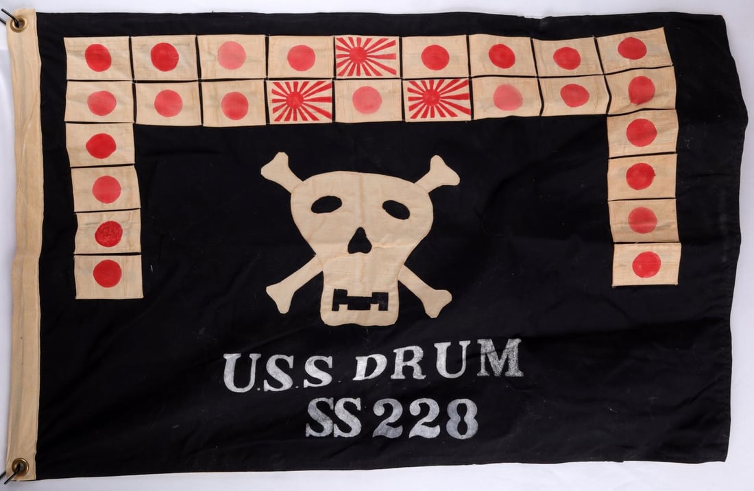 WWII USS DRUM SS 228 SUBMARINE KILL FLAG: Measures 25 X 30.5 inches, machine sewn single sided, heavy cotton, sold as is.