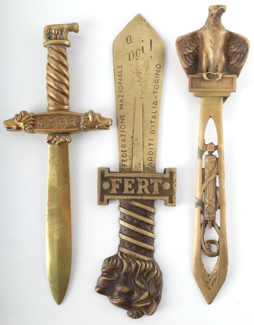 3 WWII ITALY FASCIST DAGGER STYLE LETTER OPENERS: Brass and bronze 9 to 10 inches. Period examples.