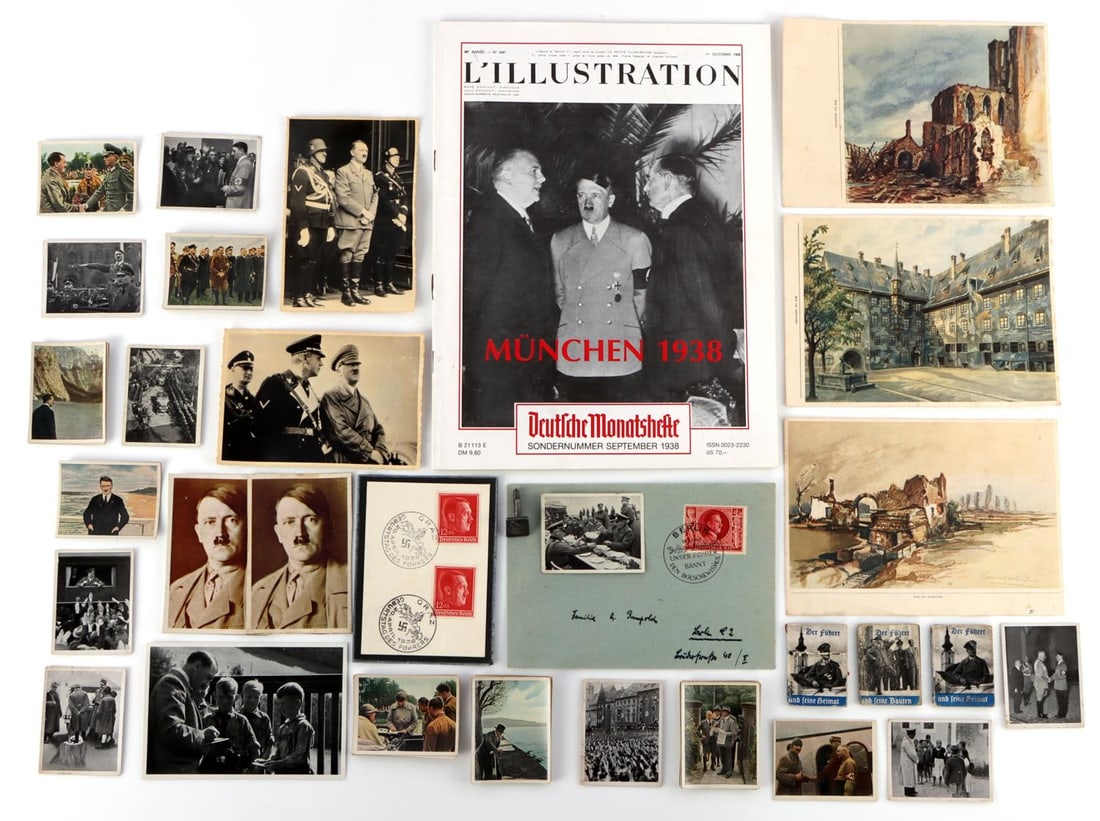 WWII GERMAN ADOLF HITLER MEMORABILIA LOT PICTURES: Lot of Adolf Hitler memorabilia. Magazine with Hitler on the cover from 1980, 2 photos from Ukrainian public archives, 3 Hitler miniture books, 67 tobacco cards, 3 prints of Hitler's paintings, postal