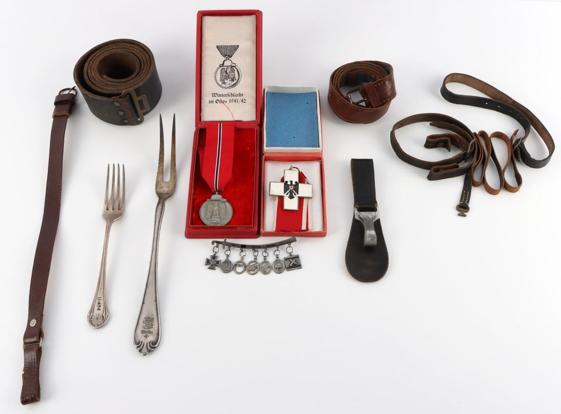 8 WWII GERMAN REICH SWORD HOLDER & CASED MEDAL LOT: Lot of eight (8) WWII German Reich items including two cased medals: Eastern Winter Battle medal and a post war German Red Cross medal. Lot includes leather belt and straps along with an SS Lader swor