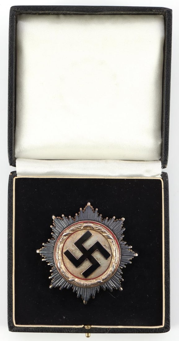 POST WAR GERMAN CROSS IN CASE: Post-war construction. In very good condition, 4 rivets on reverse. Case measures 4 X 4 inches by 1 1/2 inches tall.