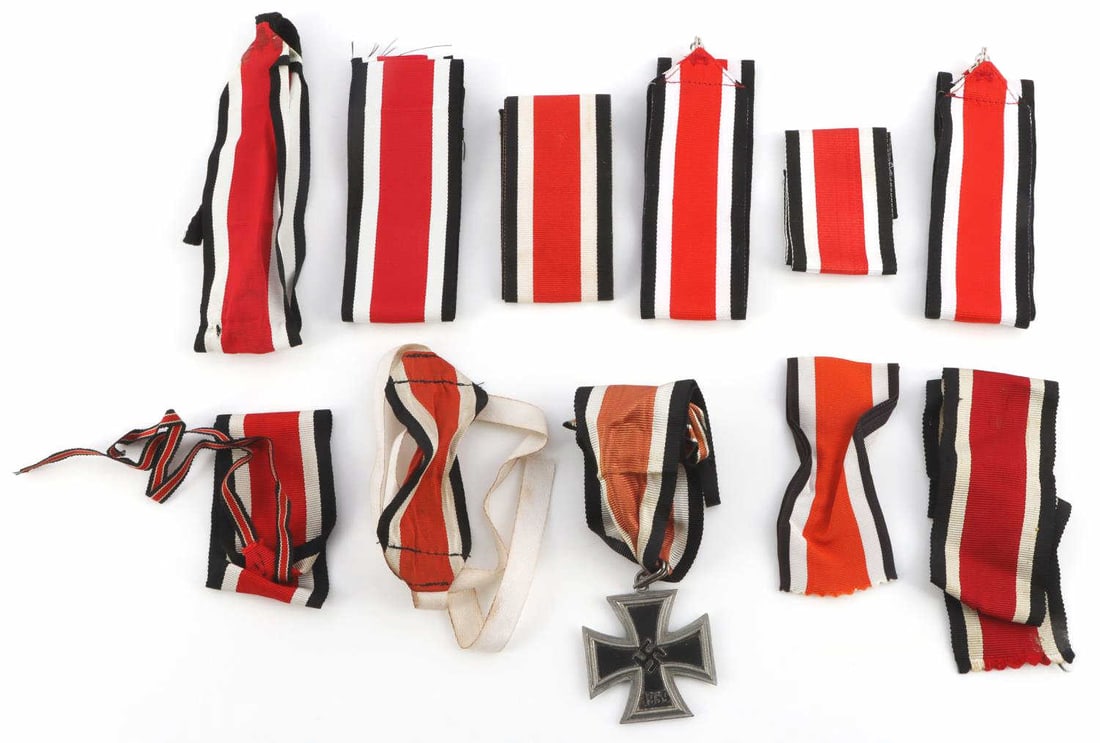 WWII GERMAN REICH KNIGHTS CROSS & RIBBON GROUPING: Knights cross with ribbon. Marked "800" on reverse. Does not test for silver. Core is not magnetic. Includes 10 Iron cross ribbons.