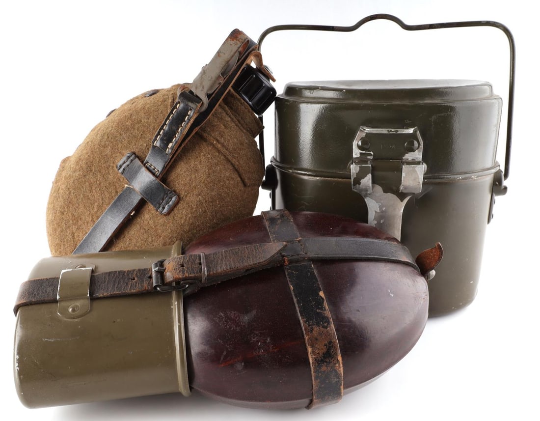 WWII GERMAN REICH MESS KIT & WATER CANTEENS LOT: Lot of three (3) WWII German Reich field gear items including including a mess kit(marked HSZ 80, lid marked IVM 68), a Ritter Alfurit marked canteen, and another German water canteen. Lot is in good