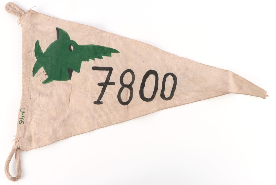 WWII GERMAN REICH KRIEGSMARINE U-BOAT KILL FLAG: WWII German Reich Kriesgmarine U-Boat Submarine Kill Flag. Flag features a green sword fish and number 7800. Bunting on the flag features rope loop ends and is marked "U-96". Flag is one-sided, canvas