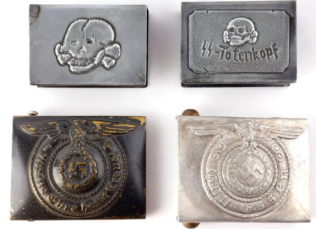 WWII GERMAN LOT 4 SS BELT BUCKLE & MATCH HOLDER: Lot features a steel belt buckle, brass belt buckle, and 2matchbox holders. Very good condition. Unauthenticated, sold as is.