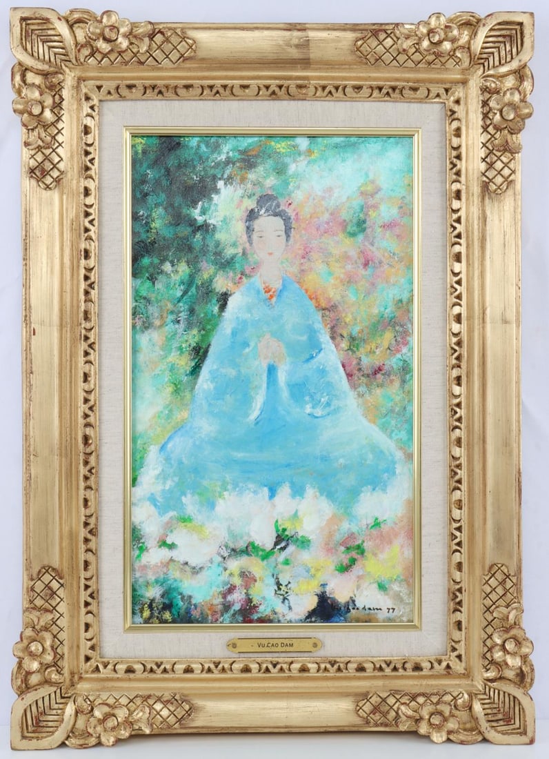 VU CAO DAM VIETNAMESE DIVINITE OIL PAINTING: In the style of Vu Cao Dam (1908-2000) Vietnamese oil painting on canvas. Divinite, dated 77. Wally Findlay Galleries label on reverse side. In very good condition, gallery framed with peep hope acces