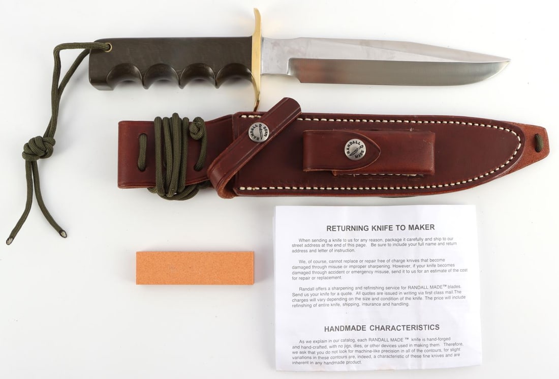 RANDALL MADE KNIFE MODEL #16 SP#1 FIGHTER W SHEATH: 7 inch blade of 1/4 inch stainless steel stock. The top cutting edge is sharpened approximately 3 inches. Brass double hilt. Approximately 4 1/2 inch durable Green Micarta finger grip handle. Extra-he