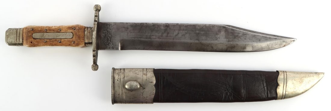 JAMES DEAKIN & SONS SHEFFIELD BOWIE KNIFE: Steel blade marked James Deakin & Sons. Handle is stag. Pommel and crossguard are nickel. Scabbard is leather with nickel chape and throat. Measures 16 3/8 inches. Very good condition.