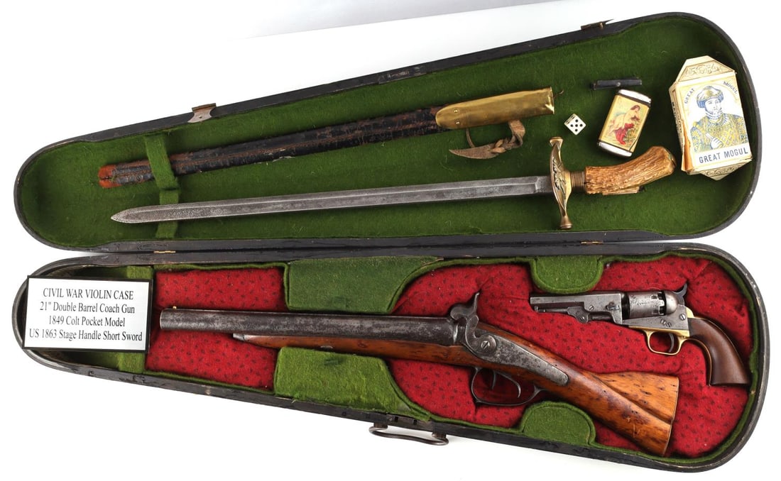 GAMBLER'S HIDE AWAY VIOLIN CASE COLT WITH WEAPONS: Lot features a Colt pocket pistol, Sawn off stage coach percussion shotgun with no maker's mark, and a US model 1840 officer's sword that was made into a hunting dagger. The colt functions as intended