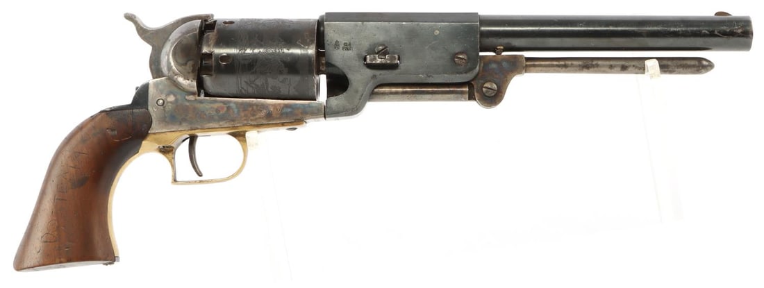 NAVY ARMS M1847 WALKER .44 CAL PERCUSSION REVOLVER: Bore is bright and clear with good rifling but with fouling throughout. Barrel and frame do not match. Frame and trigger guard share the same serial number, but barrel does not. Barrel wedge has been 