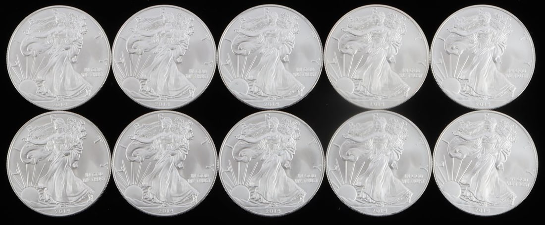 10 AMERICAN EAGLE 1 OZ SILVER DOLLAR COINS: Lot of 10 1 troy ounce silver coins This lot has a reserve.
