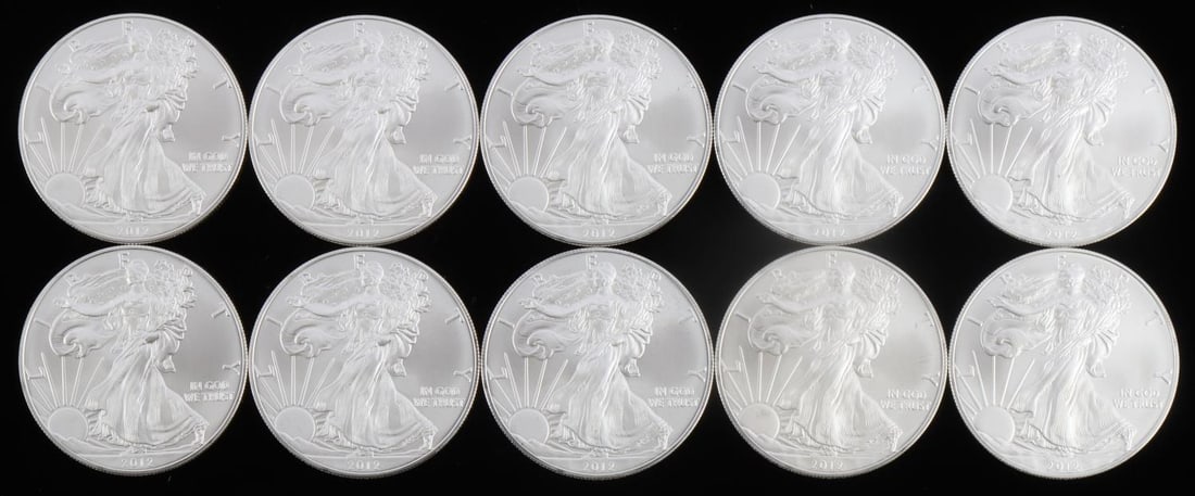 1 OZ AMERICAN EAGLE U.S. $1 SILVER COIN LOT OF 10: 10 U.S minted American Silver Eagle coins dated 2012, electronically tested, purchased from refiner. Total of 10 troy ounces of silver. This lot has a reserve.