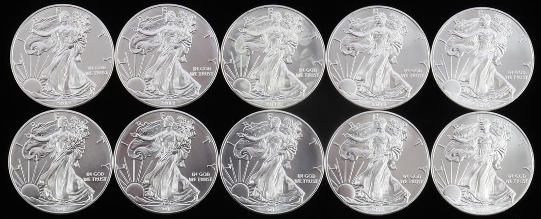 1 OZ AMERICAN EAGLE U.S. $1 SILVER COIN LOT OF 10: 10 U.S minted American Silver Eagle coins dated 2012, electronically tested, purchased from refiner. Total of 10 troy ounces of silver. This lot has a reserve.