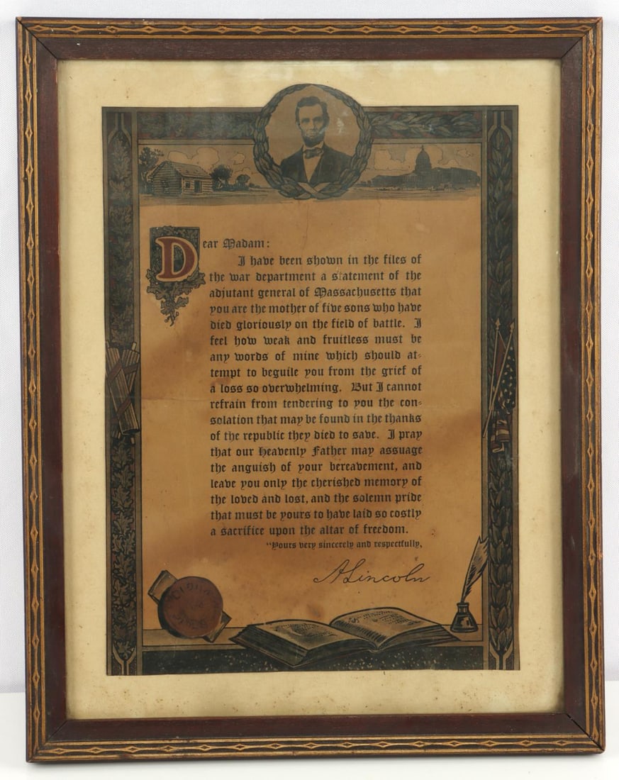 ANTIQUE COPY OF A. LINCOLN BIXBY LETTER: Early framed 11 X 14 copy of Bixby letter, condolence to mother who lost 5 sons in combat. Good original condition. Facsimile signed.