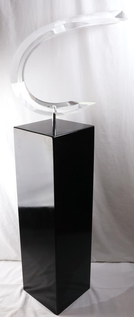 SEEWACK LUCITE ACRYLIC MODERN ROTATING SCULPTURE: Mid-Century Modern abstract clear Lucite sculpture mounted atop a lacquered wood base. The piece is signed "Seewack 49". 2 Pieces, with full rotation. In good vintage condition with age-related cracki