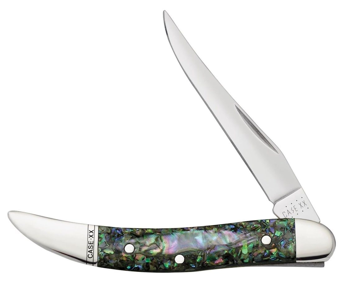 CASE POCKET KNIFE ABALONE SMALL TEXAS TOOTHPICK: New in the box Abalone Smooth Small Texas Toothpick Pocket knive (810096 SS) No. 12002 with stainless steel blade. Stock photos provided. This lot has a reserve.