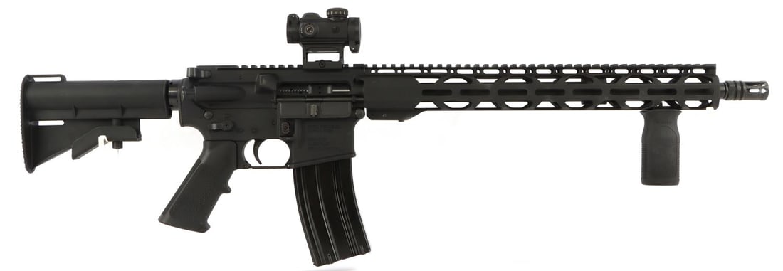 RADICAL FIREARMS RF-15 .556 SEMI AUTO RIFLE: Bore is bright and clear with good rifling. Mechanically very good, functions without issue. Includes Sig Sauer Romeo-MSR red dot scope, one magazine and foregrip. Good exterior finish. FFL required f