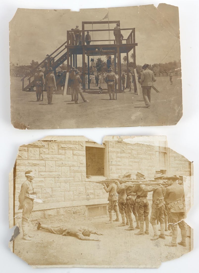 2 CABINET CARD PHOTOGRAPH LOT HANGING FIRING SQUAD: Based on the uniforms and tropical background in the hanging card, one can conclude Spanish American war. Condition as photographed, they measure 7 X 5 inches. Original condition.