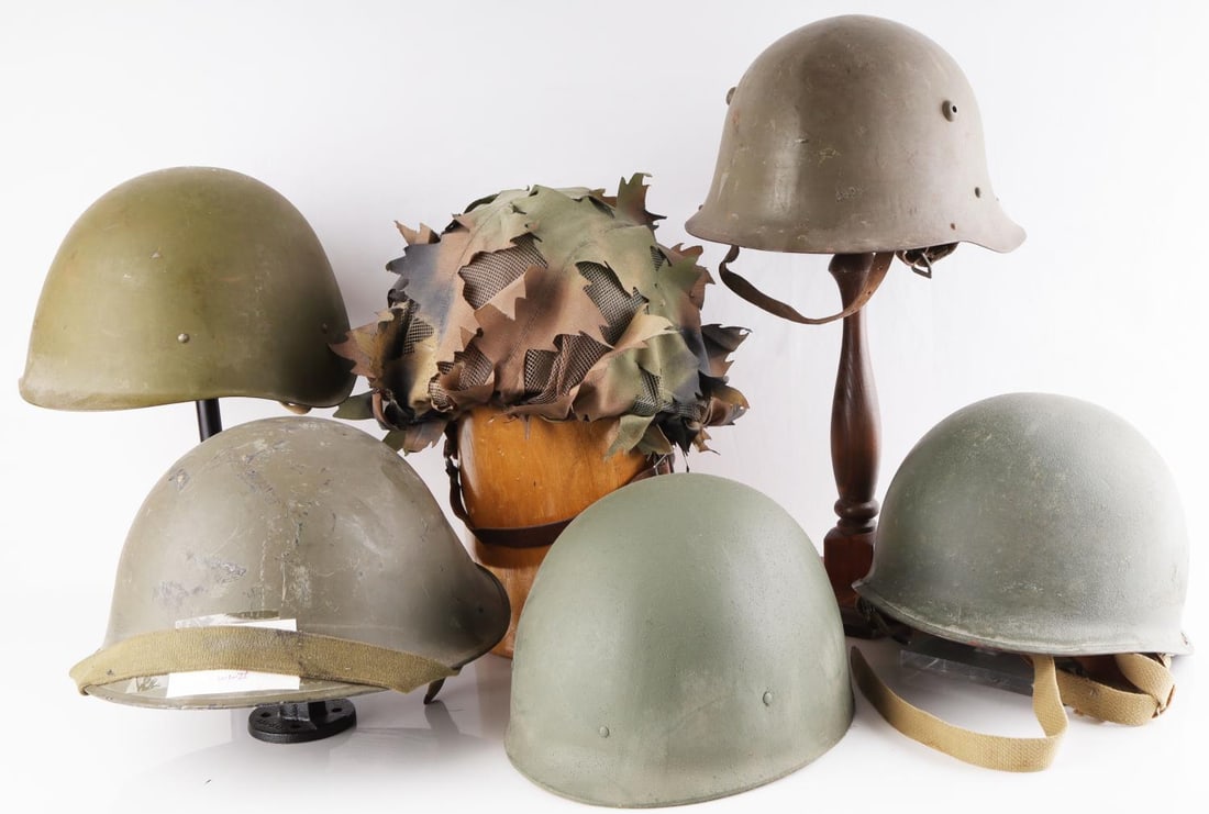 LOT OF 5 HELMET BULGARIAN HANOI JANE ISREAL TURTLE: Lot of five (5). Includes Bulgarian Viet Cong as worn Jane Fonda in North Vietnam, British Turtle, Israeli 3 bale and others, as photographed all good to very good.