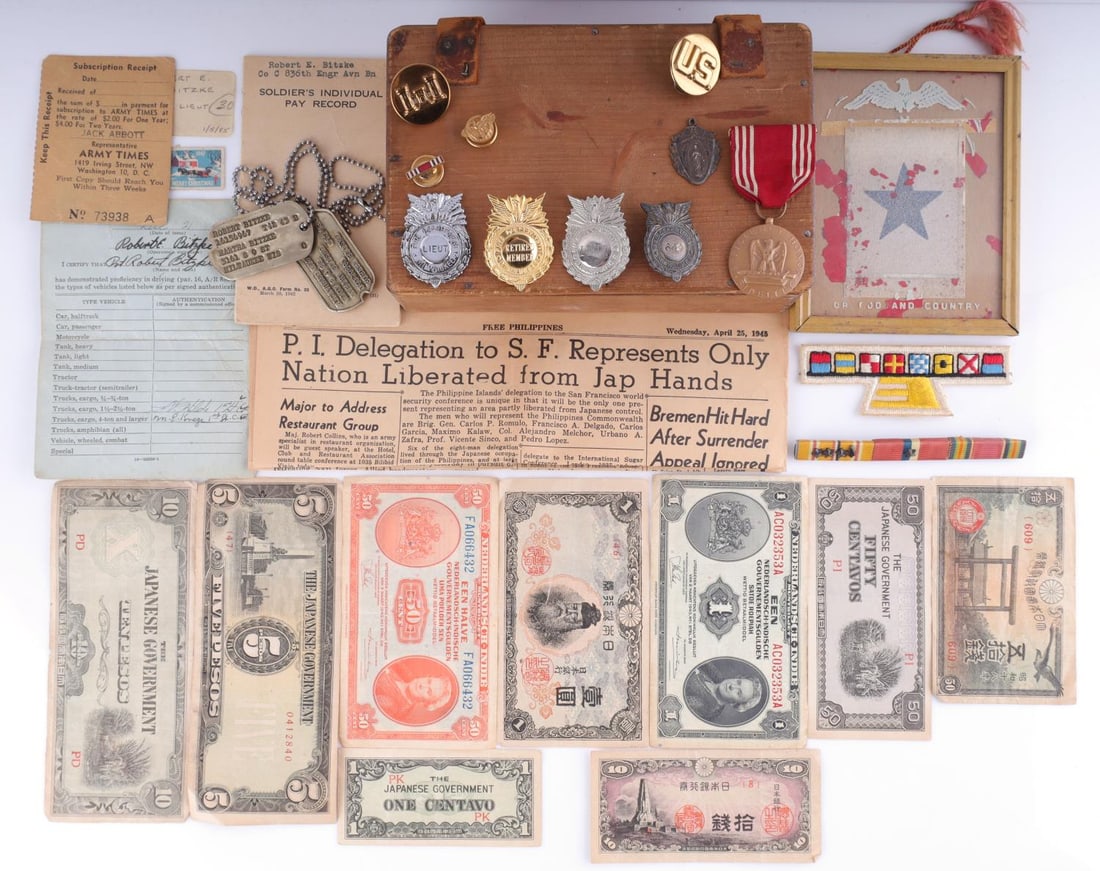 WWII VETERAN MEDAL NAMED FIRE FIGHTER BADGE: Named Milwaukee Firefighter badge one named to Peter Blitzke entered 10-1-21 Retired 10-1-43 in sterling, the Second Robert E. Blitzke presumed son entered 1-1-49 to 1-5-85 in gold fill, plus 2 unname