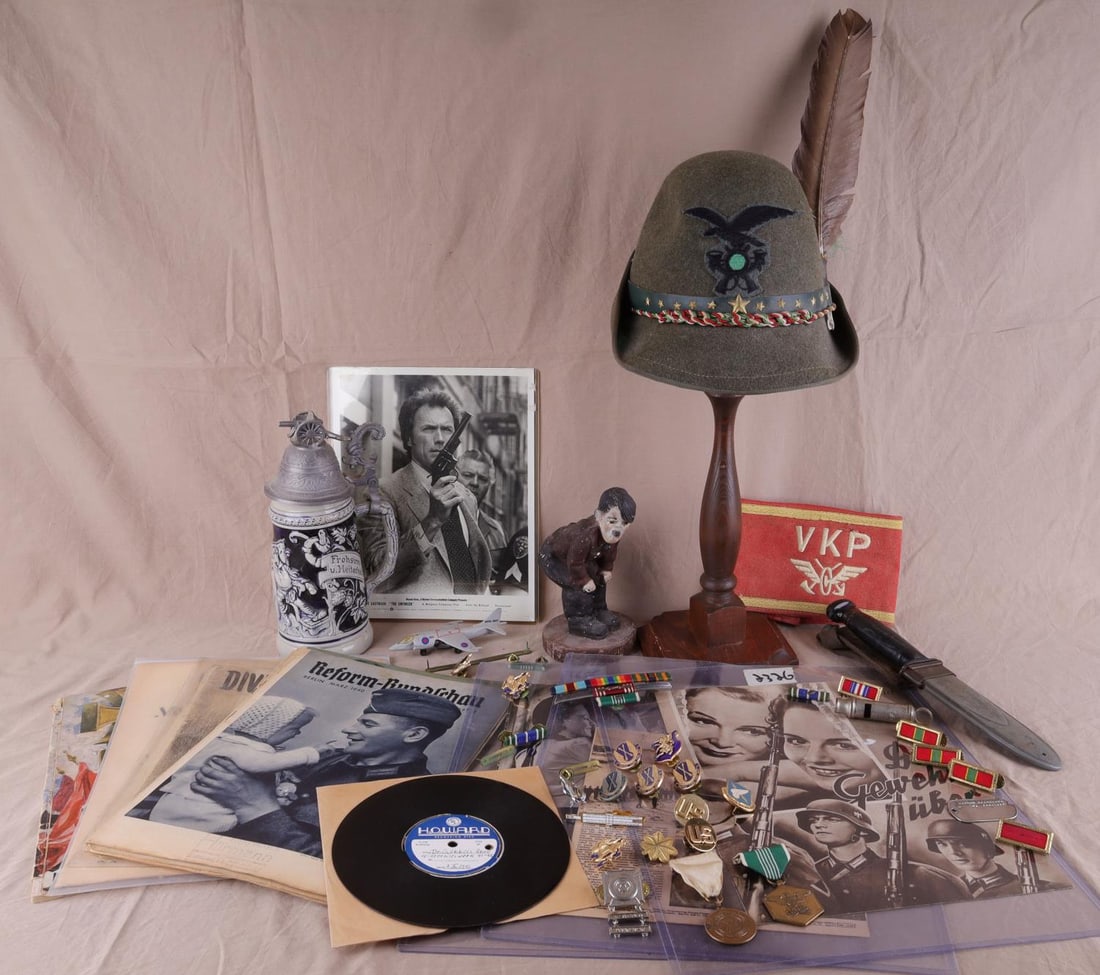 MILITARY COLLECTIBLE LOT GERMAN U.S. ITALIAN: Includes MK-4 knife, post war Alpini cap, steins, Third Reich items and more as photographed and sold as is.