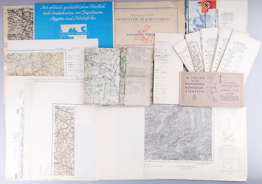 LOT OF 20 ASSORTED WWII GERMAN THIRD REICH MAPS: Lot of 20 WWII German Third Reich maps. Map dimension range from 6 X 18 to 28 X 20 inches. All in very good condition .Unauthenticated and sold as is.