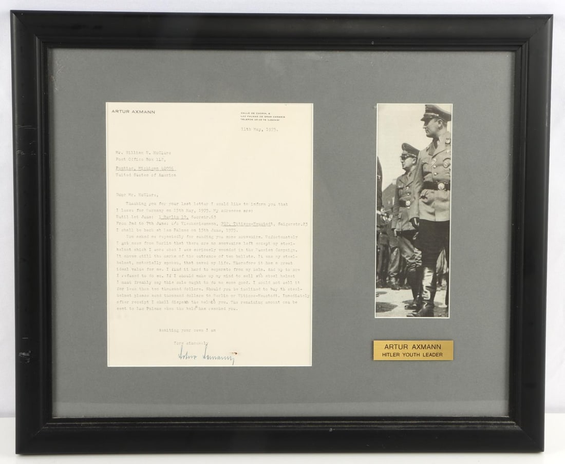 ARTUR AXMANN HITLER YOUTH LEADER LETTER: On his personal letter and hand signed. Written in English to William McClure of Pontiac Michigan, Axmann is offering to sell him his Helmet he was wearing when wounded in the Russian Campaign it has 