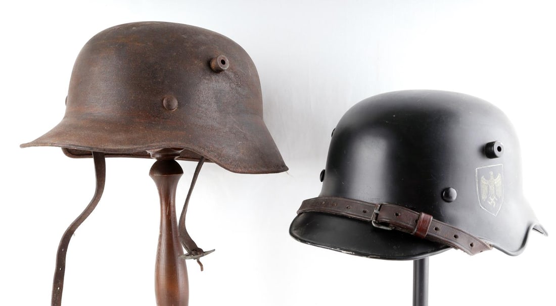 LOT OF 2 WWI WWII GERMAN M18 TRANSITIONAL HELMETS: Both are original helmets, one has been restored to Double Decal WWII and the second needs restoration, no visible internal markings.