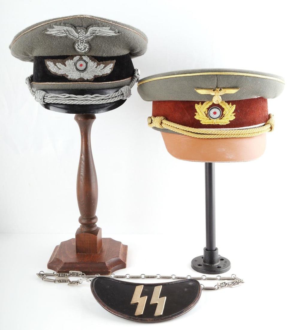 WWII GERMAN DIPLOMAT & NSDAP VISOR & SS GORGET: The diplomat visor does not fluoresce liner is hand sewn, has significant condition issues, the Party visor is obviously new but extremely well crafted, 7 1/4 U.S. and wearable, the gorget felt does n