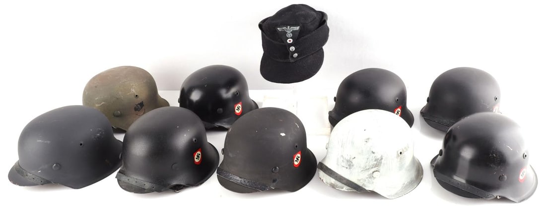 10 WWII MINIATURE SS M40 HELMET LOT: Each measuring about 6 X 3 1/2 inches, modern made, very good condition, a couple with minor paint loss, great gift idea.