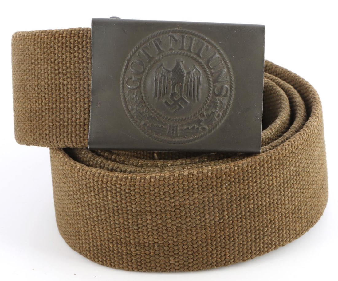 WWII GERMAN THIRD REICH EM ARMY BELT BUCKLE: Steel belt buckle. Canvas belt. Belt buckle is marked H.A. 41. It measures 2 1/2 inches. Belt measures 42 inches. Very good condition.