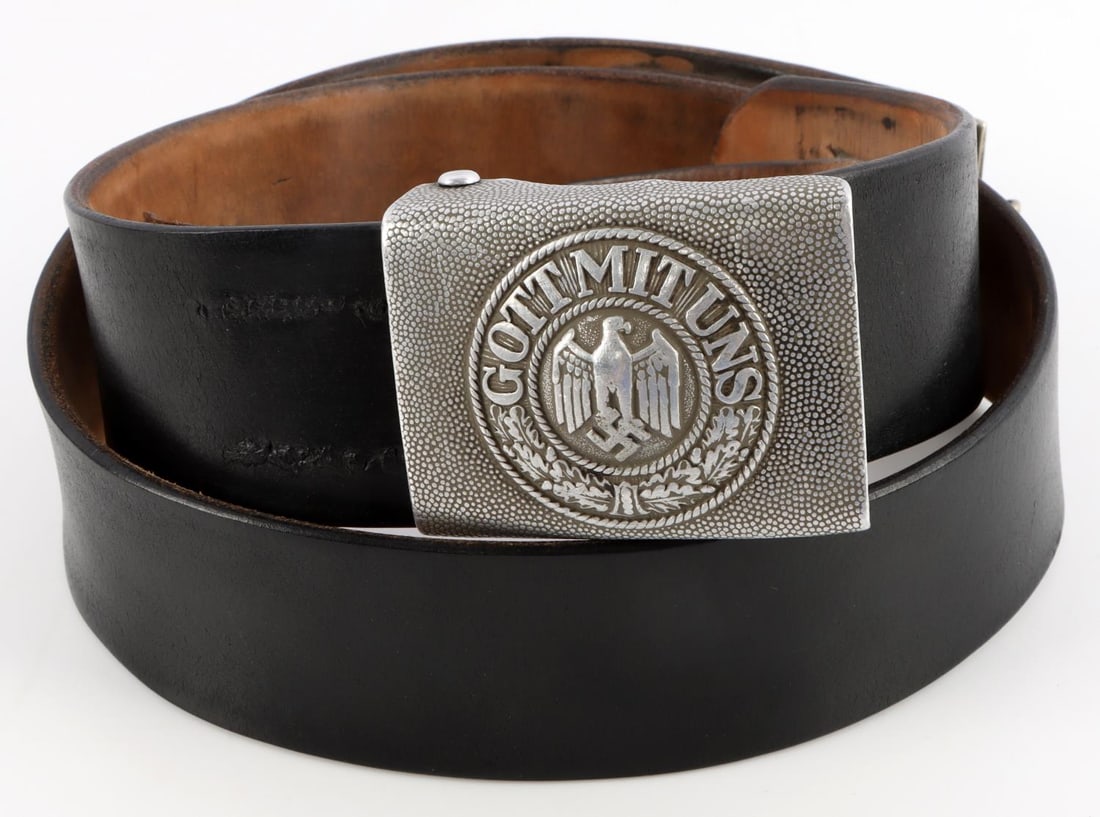WWII GERMAN THIRD REICH EM ARMY BELT BUCKLE: Aluminum belt buckle with leather belt marked Schmidt & Co 1937. Also marked 2 UP A 1 II. Very good condition. Measures 38 inches.