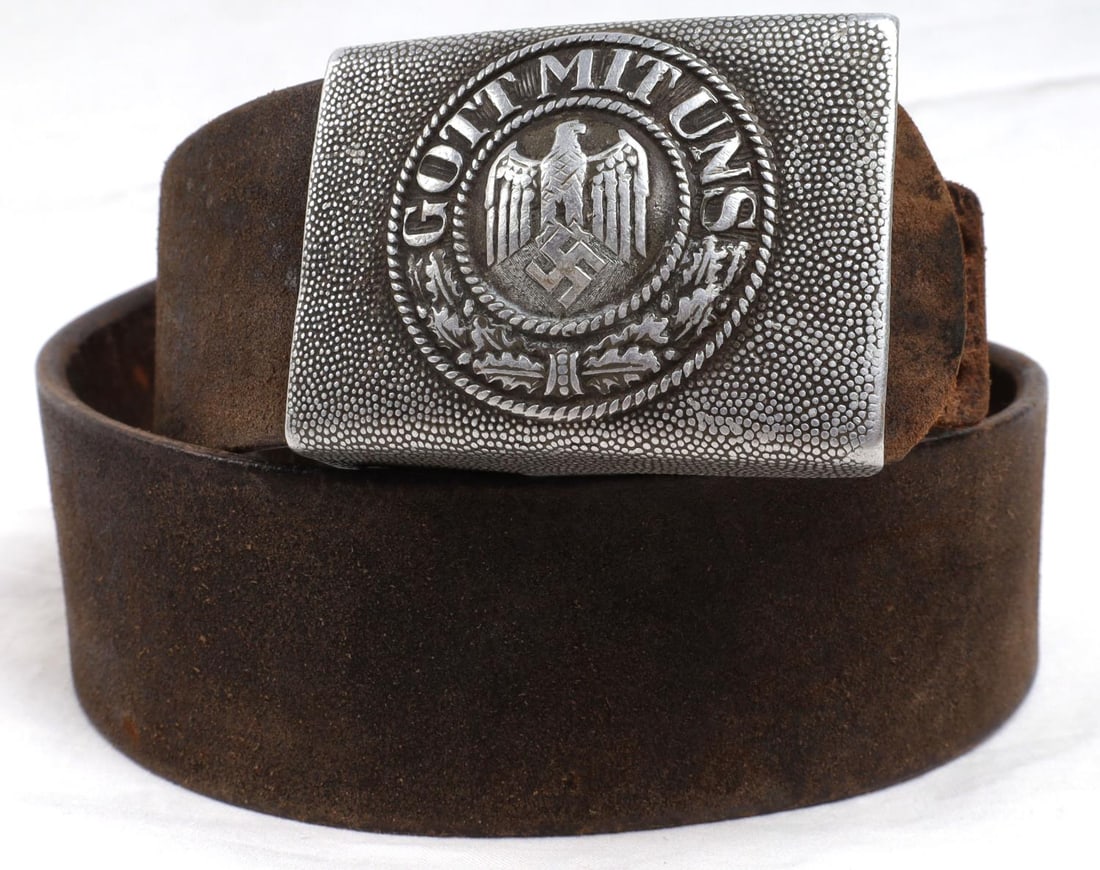 WWII GERMAN THIRD REICH EM ARMY BELT BUCKLE: Aluminum buckle with leather belt. Belt is marked 1936 with a maker's mark, but difficult to discern. Belt measures approx. 35 inches.