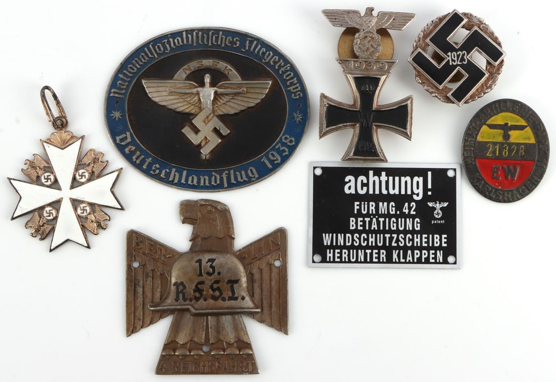 7 WWII GERMAN REICH CROSSES & SHIELD BADGES LOT: Lot of seven(7) WWII German Reich Crosses and Shield badges including an Order of the German Eagle, a NSDAP 1923 General Honor "GAU" badge, a 1914 Cross with 1939 Spange, 13 R.F.S.I Reichsfahrt shield