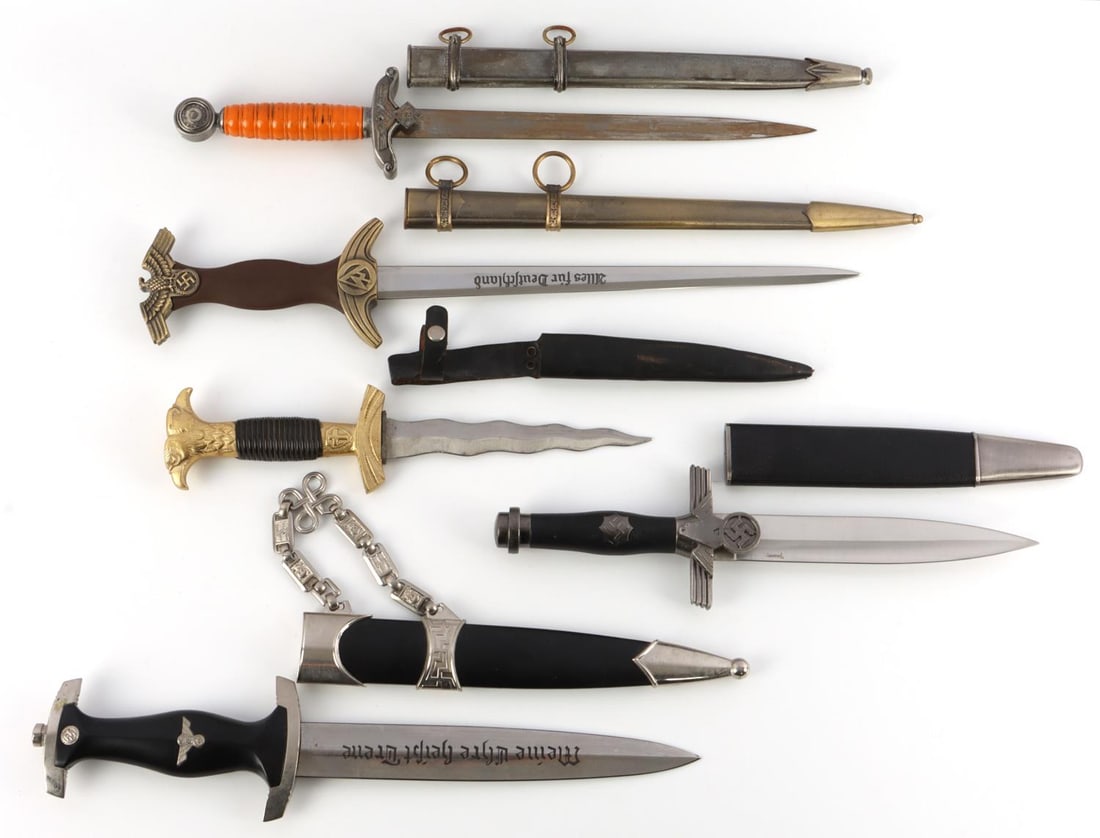 5 GERMAN SS SA & OTHER DAGGER LOT: All decent quality post war remakes, sold as is, as photographed.