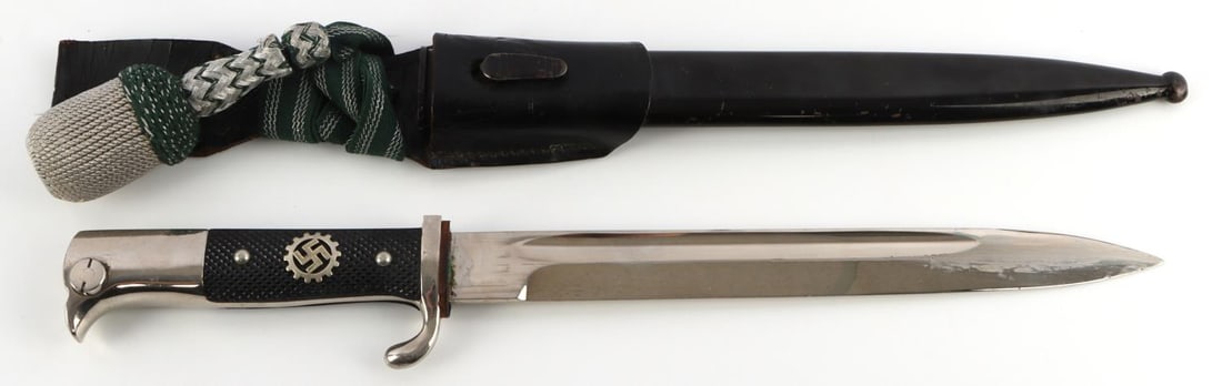 WWII GERMAN LABOUR FRONT HERDER PARADE DAGGER: Parade "walking out" knife/dagger marked "Rich. Abr. Herder Solingen" on ricasso. Good condition on blade, grips and pommel. Deutsche Arbeitsfront (DAF) insignia on grip. With scabbard, leather frog a