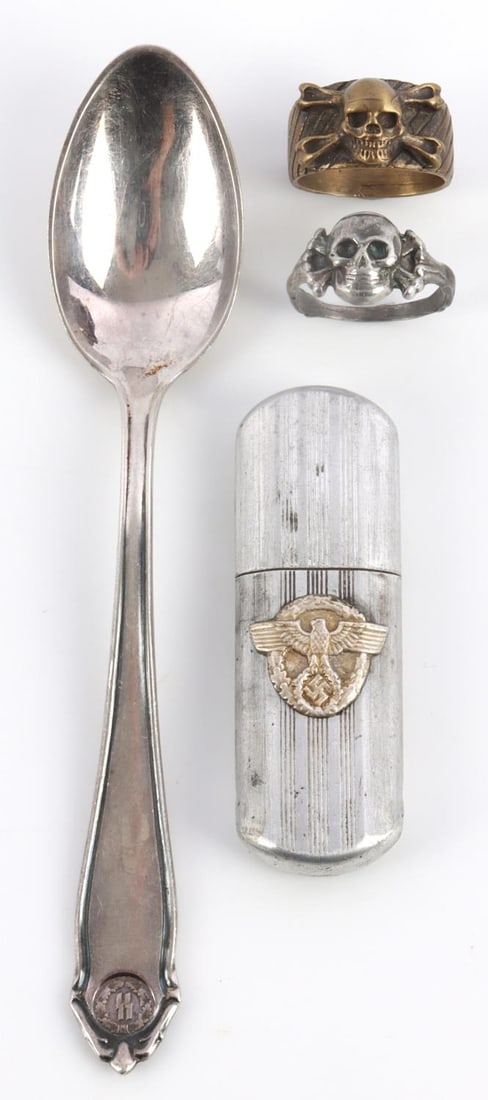 4 WWII GERMAN RIECH SS SILVER RING & FIELD LIGHTER: Lot of four(4) WWII German Reich items including two SS Officer's rings(one silver), a silver SS runes spoon, and lastly a German Polizei field lighter. Ring sizes are both 11. Lot is in good conditio