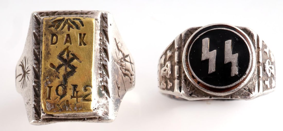 WWII GERNMAN THIRD REICH DAK & SS RUNIC RING LOT: SS Ring is stamped .925 size 11n the second Desert Afrika Korp dated 1942 , stamped .925 and is a size 12. Good, original condition.